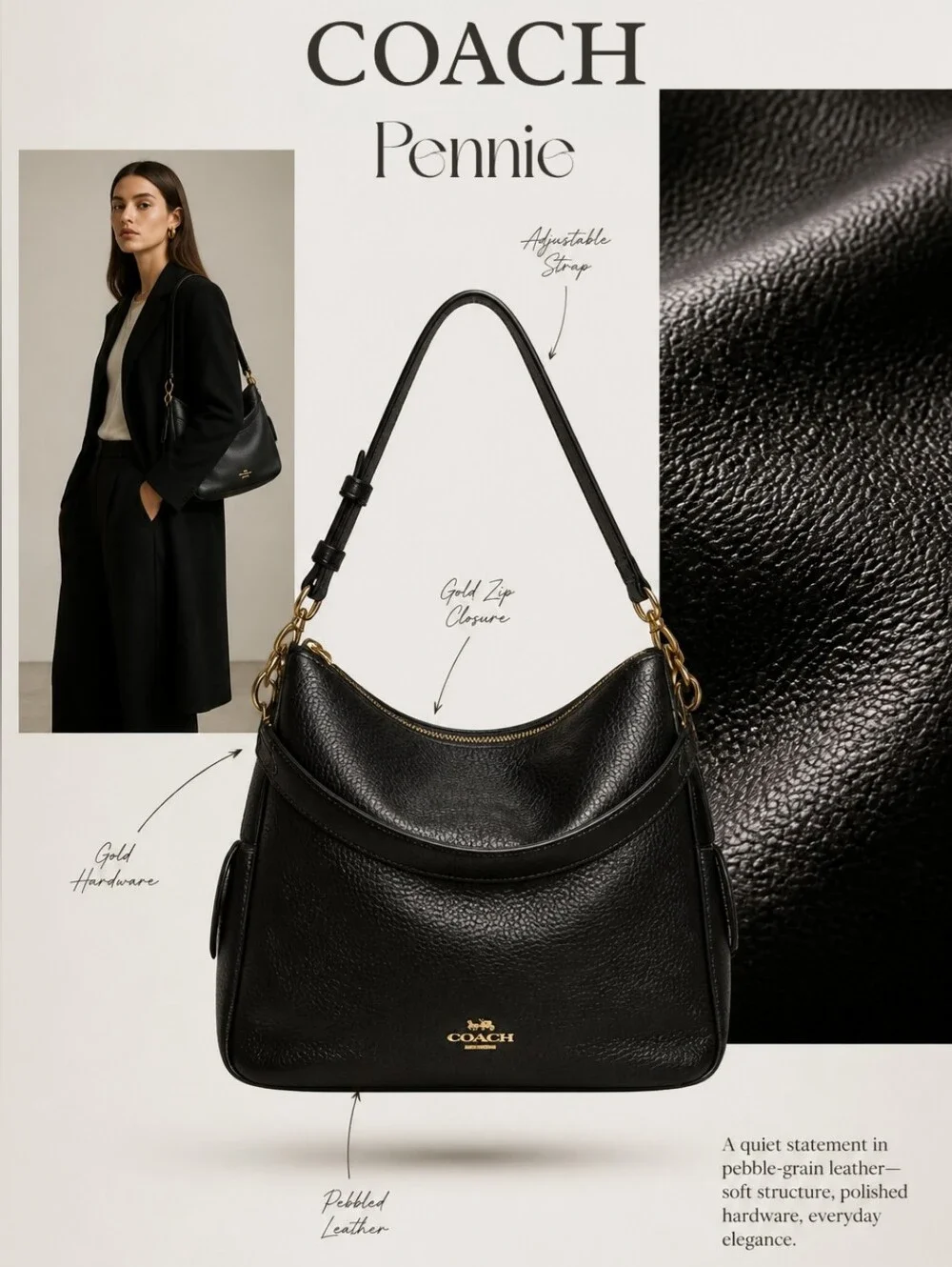 Coach Pennie Convertible Shoulder Bag in Black Pebble Leather With COA